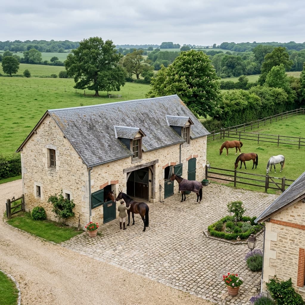 Écurie en pierre typique d'Île-de-France avec chevaux